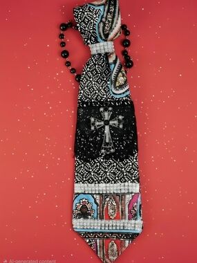 Black Patterned Cross Pendant Tie Necklace - Women Jewelry
